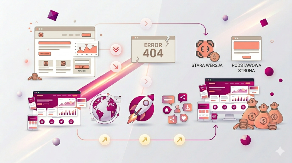 An infographic illustrating two distinct paths for digital presence: a limited, older template path with error screens, and a successful, data-driven path with global reach and mobile optimization